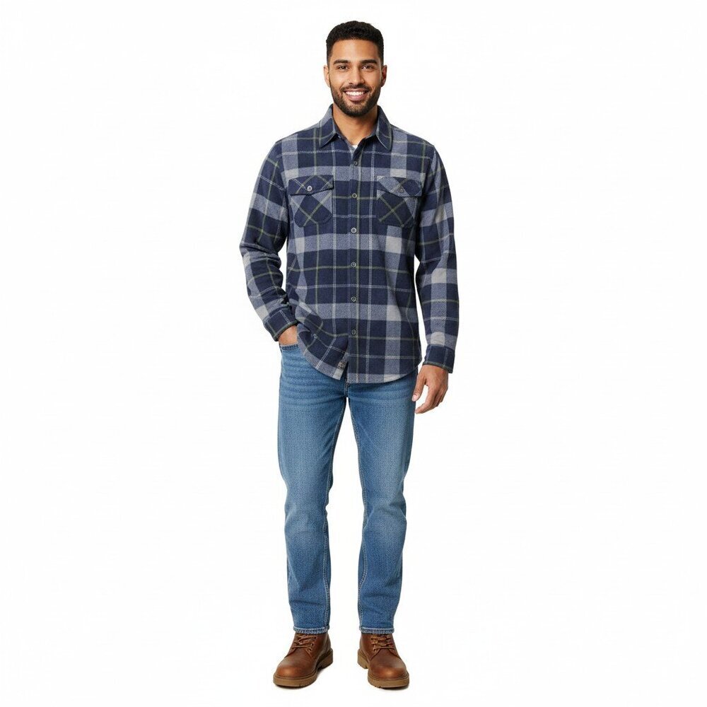 Freedom Foundry Mens Blue Plaid Fleece Shirt Metal Buttons